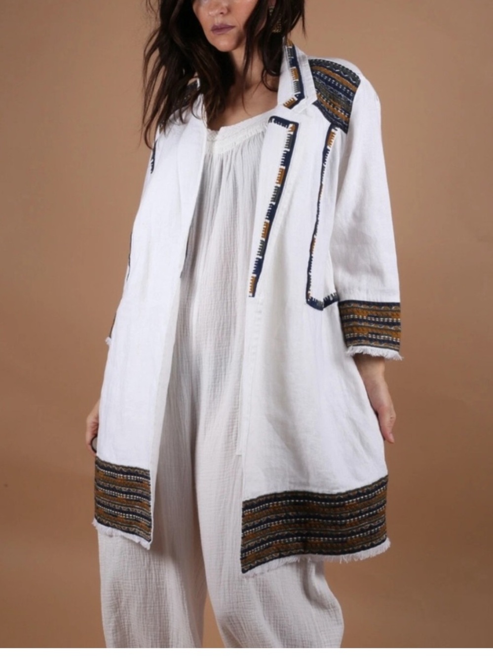 Chico’s Boho Limited Edition Embroidered Trim White Linen Jacket, Duster, XL